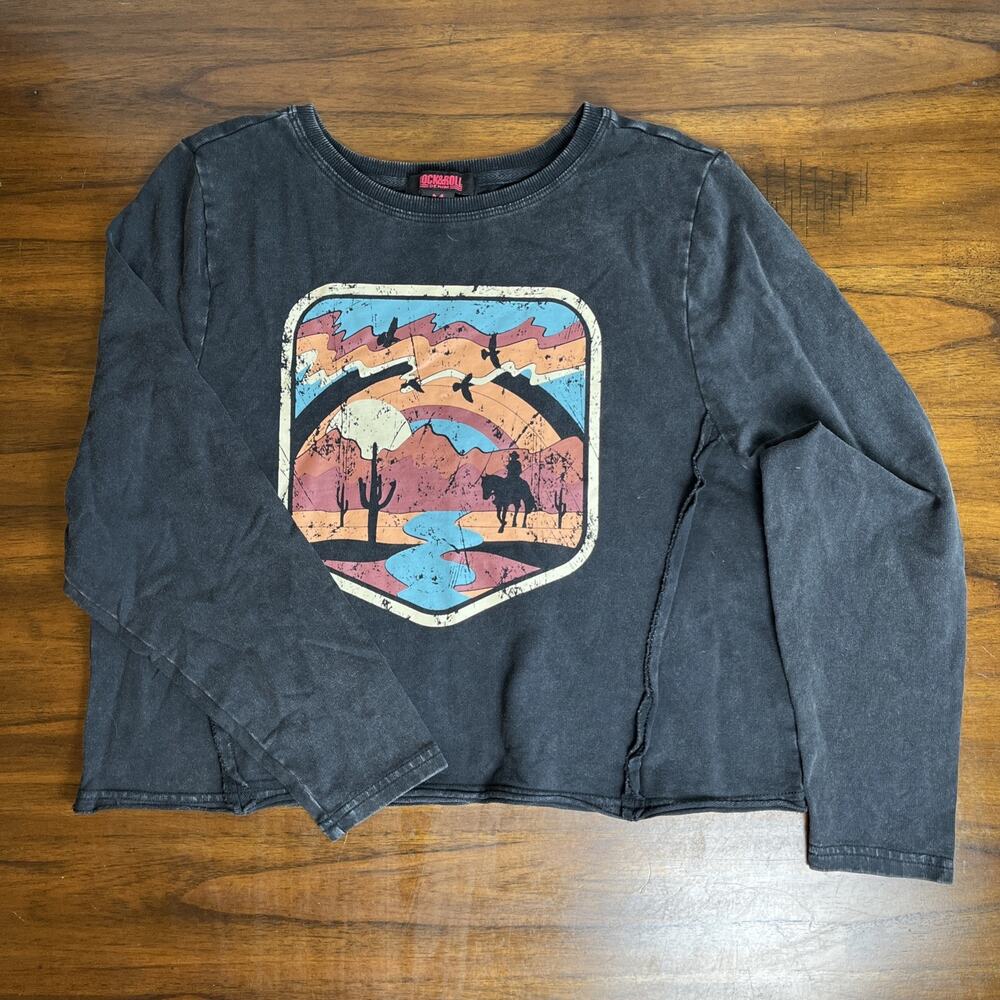 Rock & Roll Denim Women's Western Graphic Pullover Cropped Black T-Shirt Medium